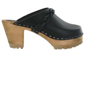 MIA Elsa Black Leather Wooden Heeled Clogs Size 41